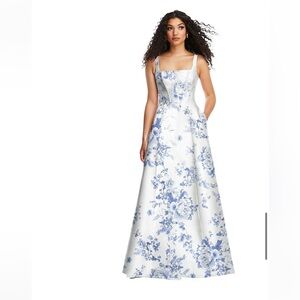 Cottage rose dusk blue bridesmaid gown from Dessy group